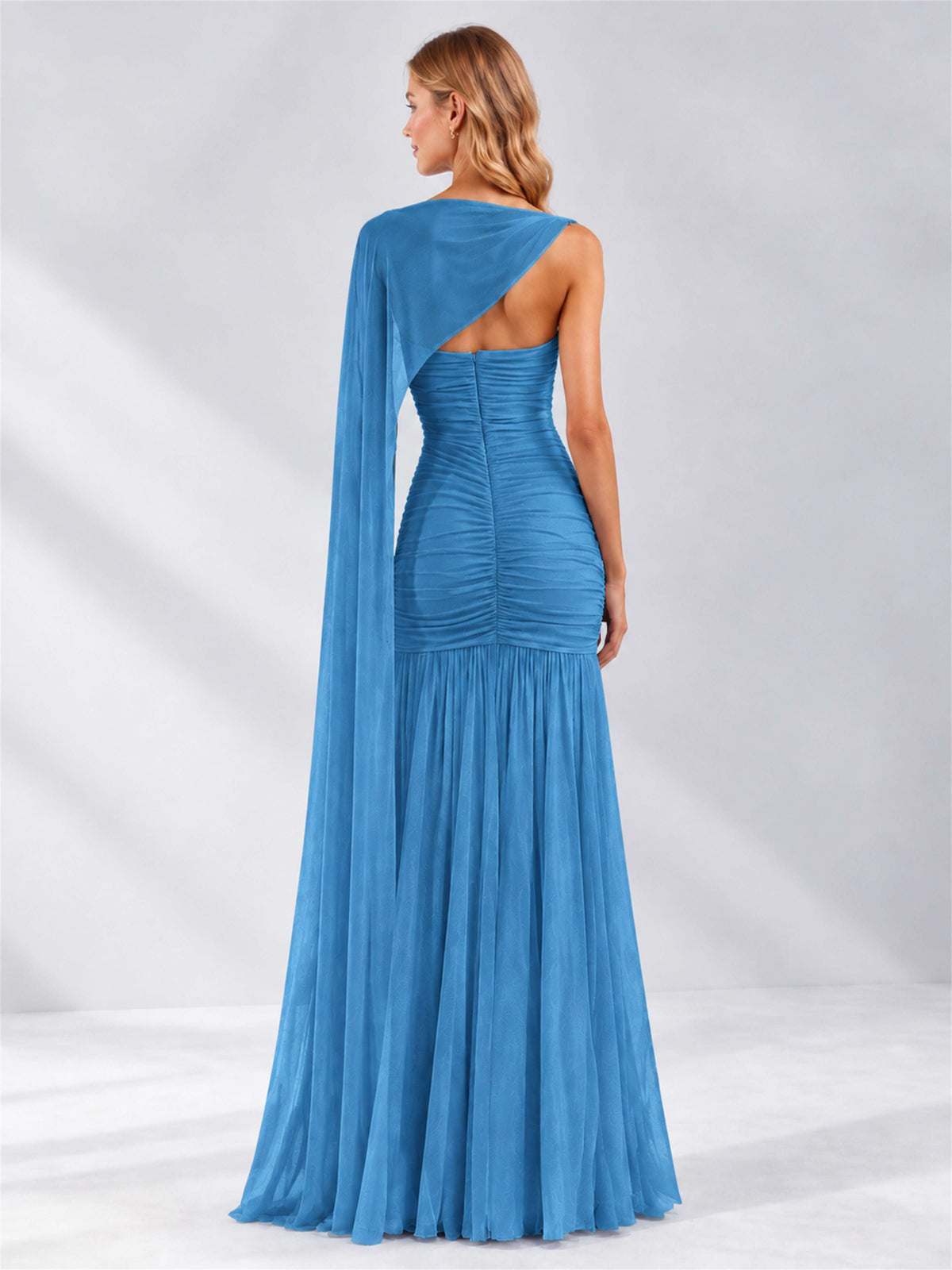 Sheath Ruched Strapless Chiffon Sleeveless Side Slit Wedding Guest Dress with Cape