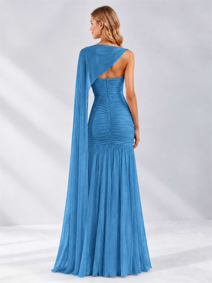 Sheath Ruched Strapless Chiffon Sleeveless Side Slit Wedding Guest Dress with Cape