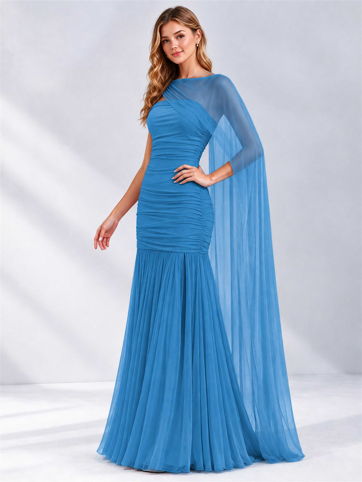 Sheath Ruched Strapless Chiffon Sleeveless Side Slit Wedding Guest Dress with Cape