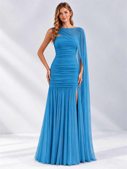 Sheath Ruched Strapless Chiffon Sleeveless Side Slit Wedding Guest Dress with Cape
