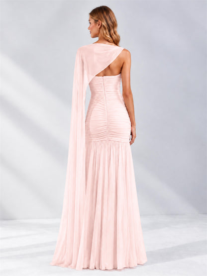 Sheath Ruched Strapless Chiffon Sleeveless Side Slit Wedding Guest Dress with Cape