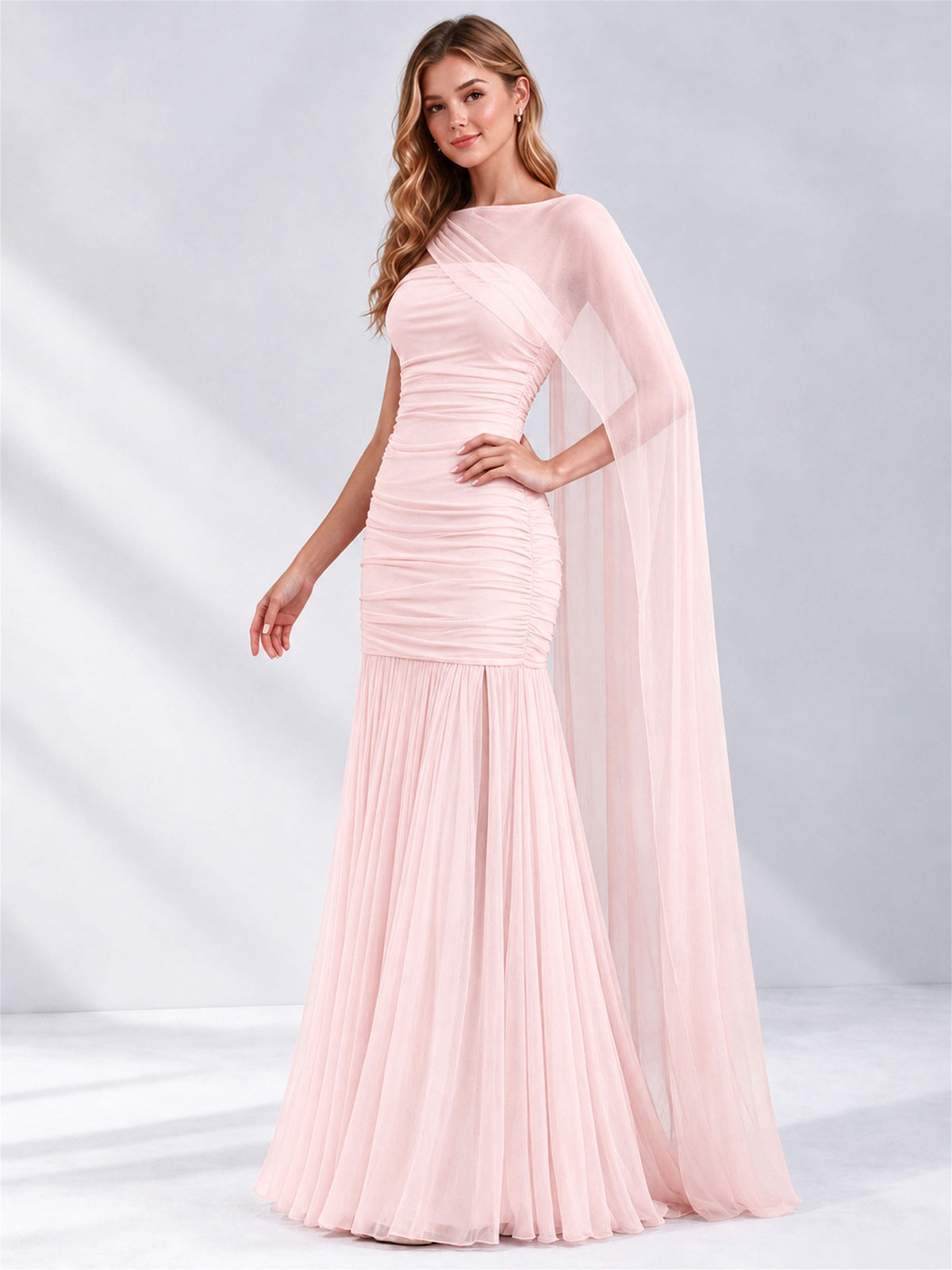 Sheath Ruched Strapless Chiffon Sleeveless Side Slit Wedding Guest Dress with Cape