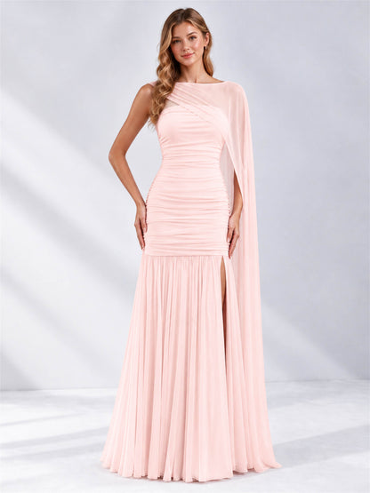Sheath Ruched Strapless Chiffon Sleeveless Side Slit Wedding Guest Dress with Cape