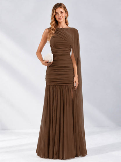 Sheath Ruched Strapless Chiffon Sleeveless Side Slit Wedding Guest Dress with Cape