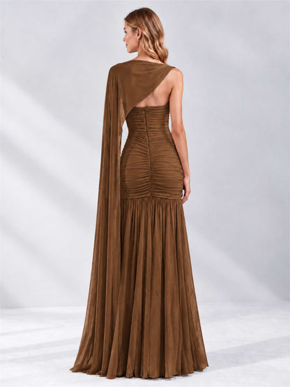 Sheath Ruched Strapless Chiffon Sleeveless Side Slit Wedding Guest Dress with Cape