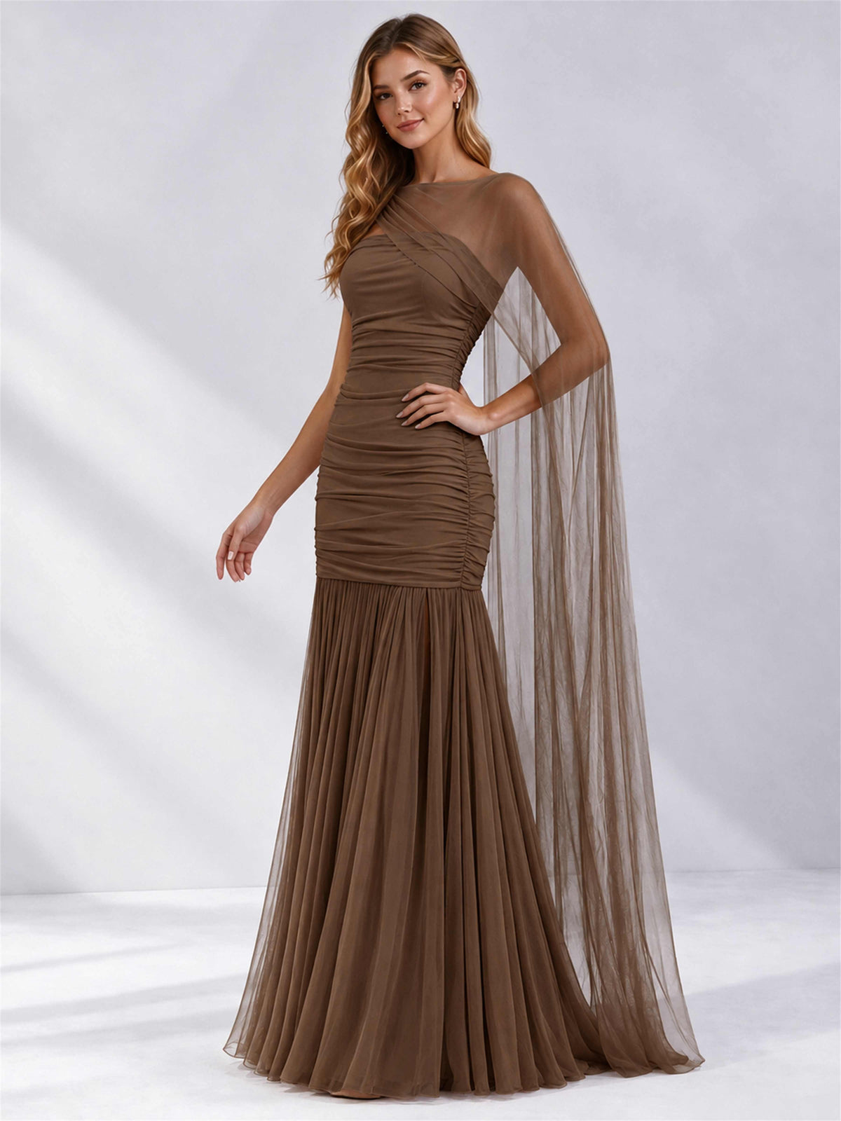Sheath Ruched Strapless Chiffon Sleeveless Side Slit Wedding Guest Dress with Cape