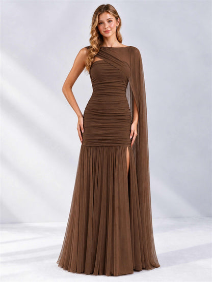 Sheath Ruched Strapless Chiffon Sleeveless Side Slit Wedding Guest Dress with Cape