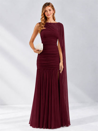 Sheath Ruched Strapless Chiffon Sleeveless Side Slit Wedding Guest Dress with Cape