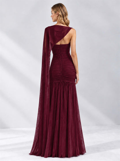 Sheath Ruched Strapless Chiffon Sleeveless Side Slit Wedding Guest Dress with Cape