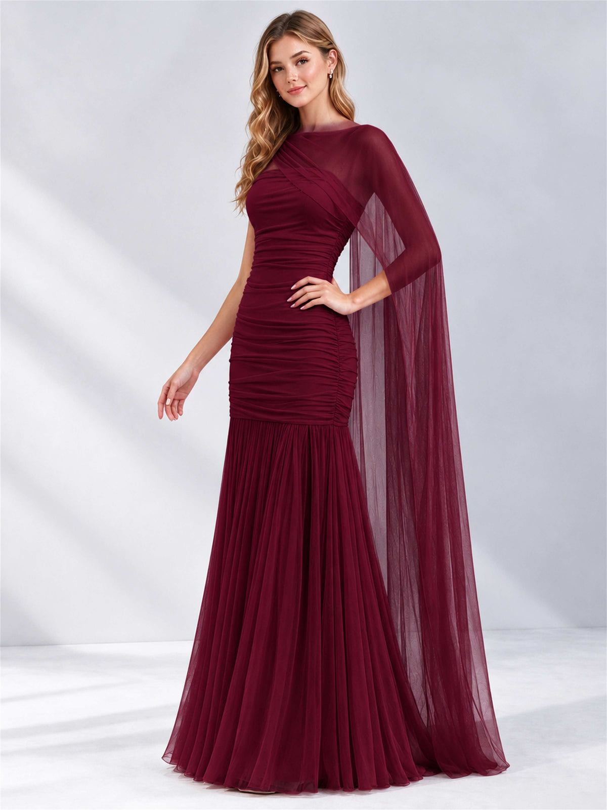 Sheath Ruched Strapless Chiffon Sleeveless Side Slit Wedding Guest Dress with Cape