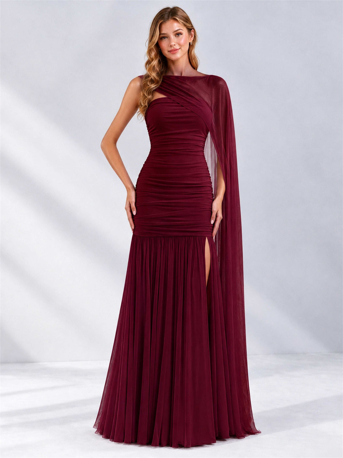 Sheath Ruched Strapless Chiffon Sleeveless Side Slit Wedding Guest Dress with Cape