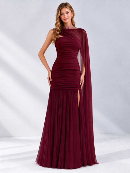 Sheath Ruched Strapless Chiffon Sleeveless Side Slit Wedding Guest Dress with Cape