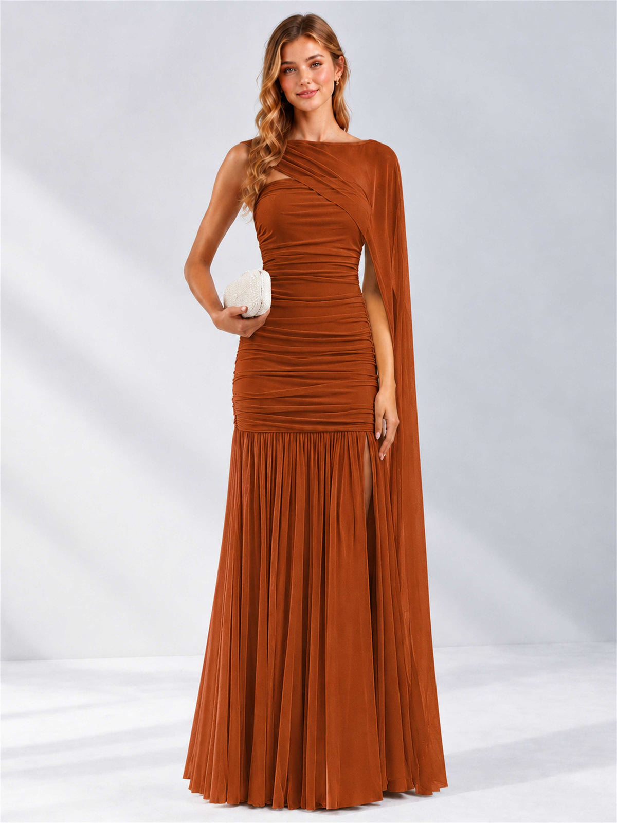 Sheath Ruched Strapless Chiffon Sleeveless Side Slit Wedding Guest Dress with Cape