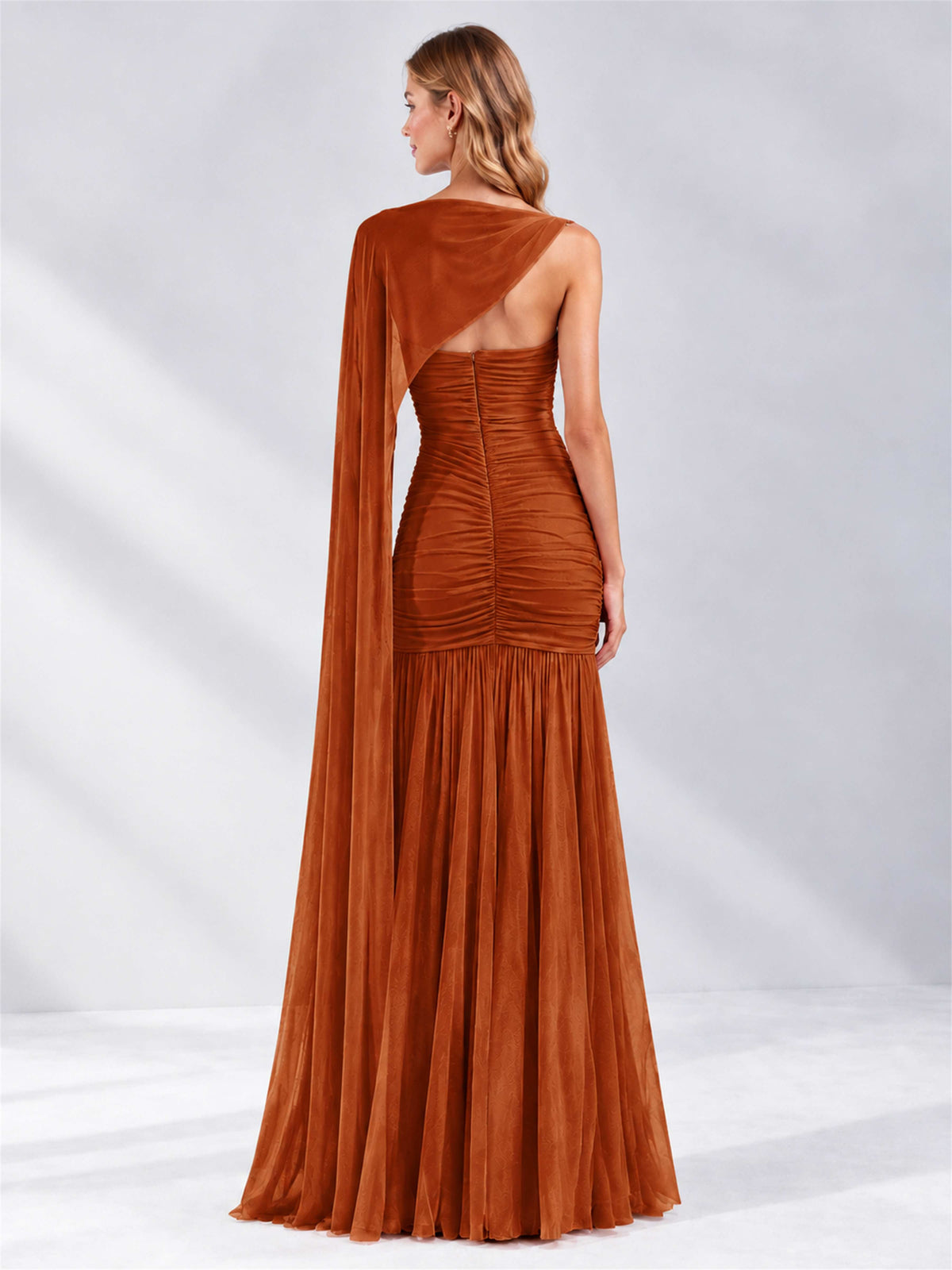 Sheath Ruched Strapless Chiffon Sleeveless Side Slit Wedding Guest Dress with Cape