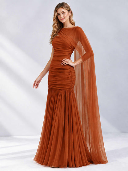 Sheath Ruched Strapless Chiffon Sleeveless Side Slit Wedding Guest Dress with Cape