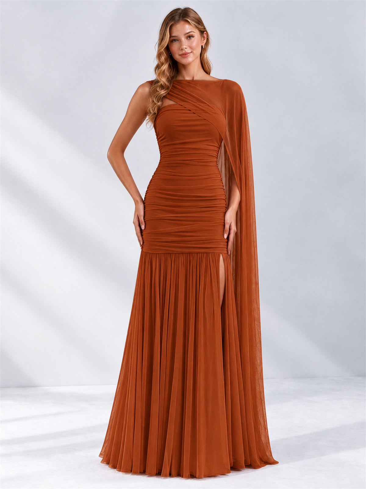 Sheath Ruched Strapless Chiffon Sleeveless Side Slit Wedding Guest Dress with Cape