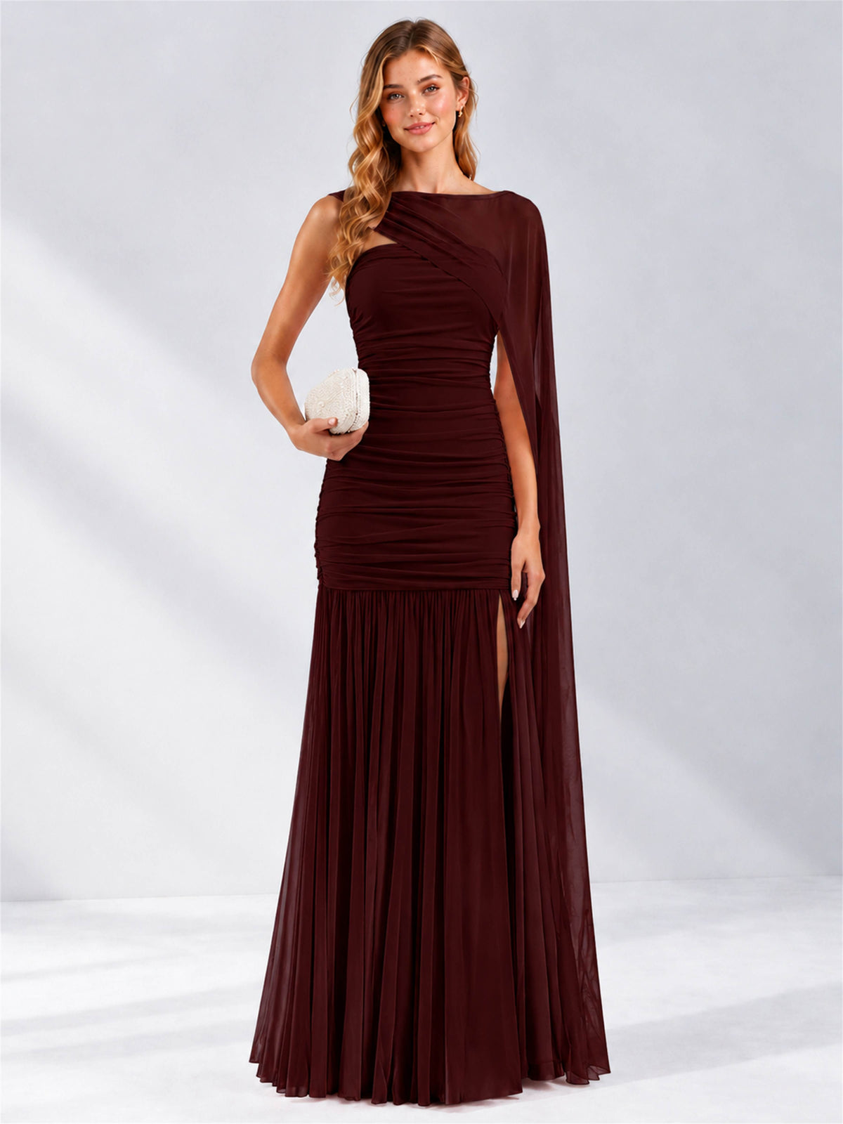 Sheath Ruched Strapless Chiffon Sleeveless Side Slit Wedding Guest Dress with Cape