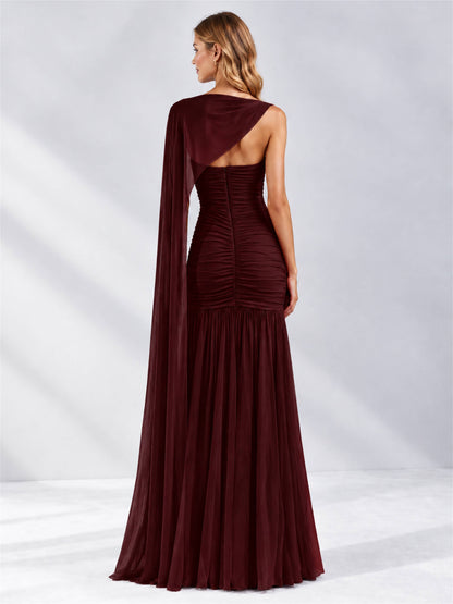 Sheath Ruched Strapless Chiffon Sleeveless Side Slit Wedding Guest Dress with Cape
