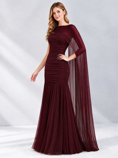 Sheath Ruched Strapless Chiffon Sleeveless Side Slit Wedding Guest Dress with Cape