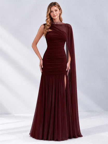 Sheath Ruched Strapless Chiffon Sleeveless Side Slit Wedding Guest Dress with Cape