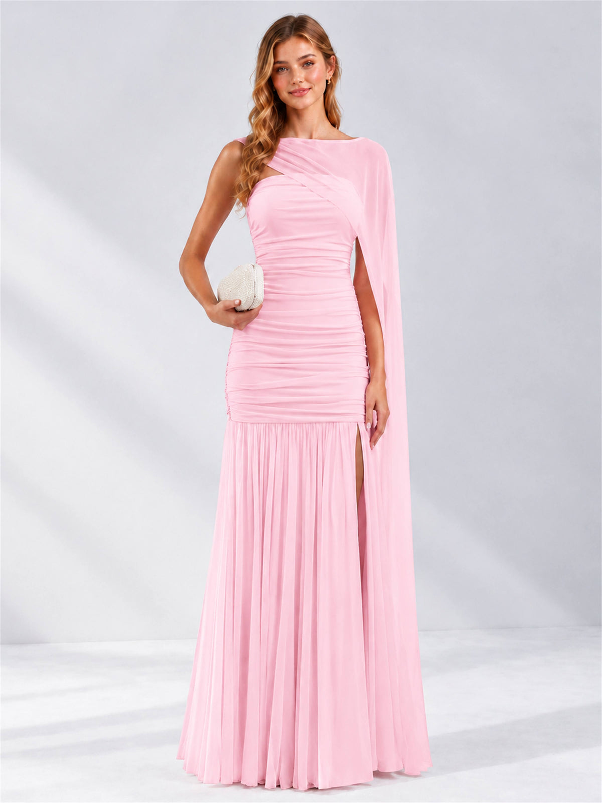 Sheath Ruched Strapless Chiffon Sleeveless Side Slit Wedding Guest Dress with Cape