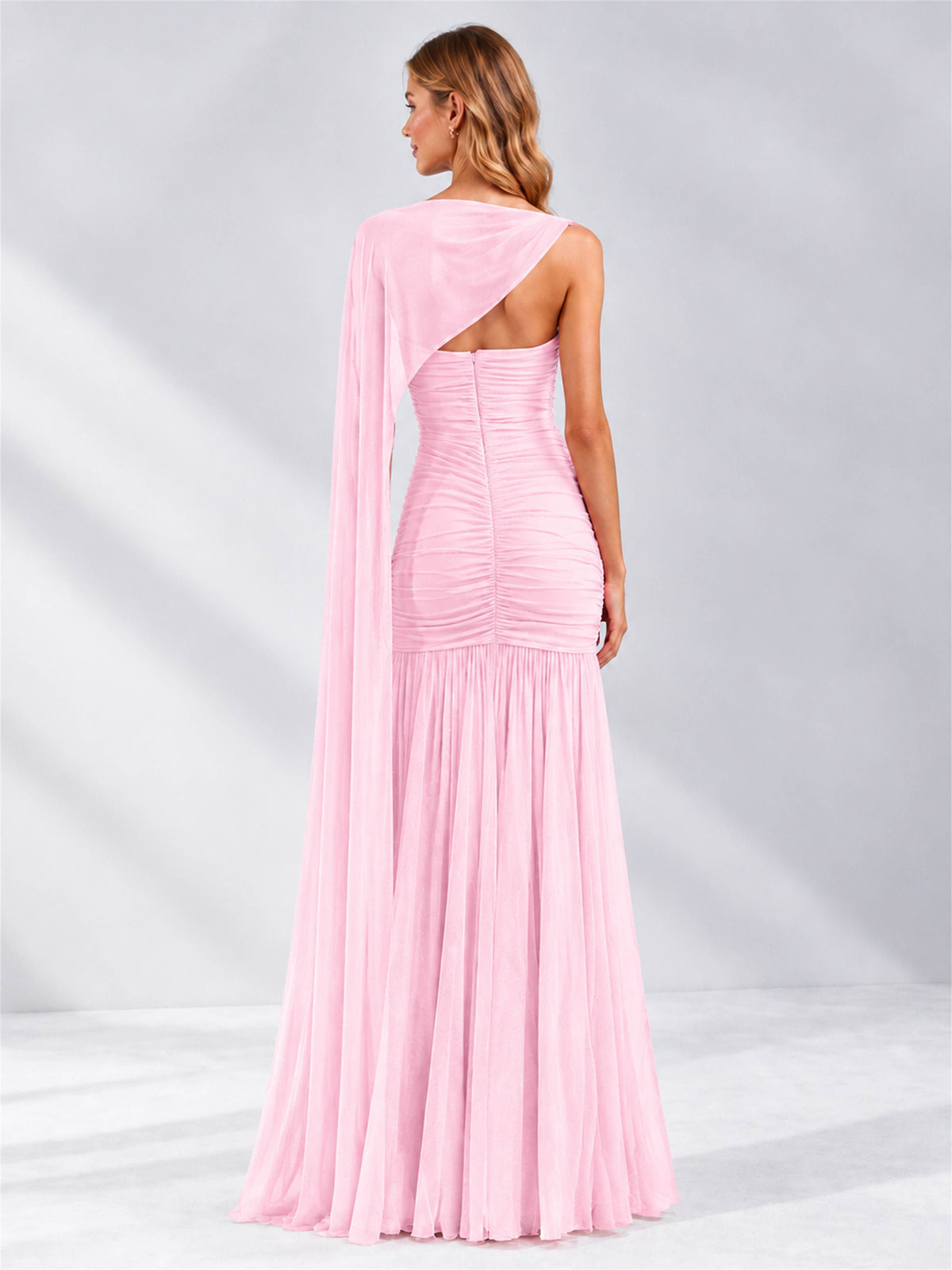 Sheath Ruched Strapless Chiffon Sleeveless Side Slit Wedding Guest Dress with Cape