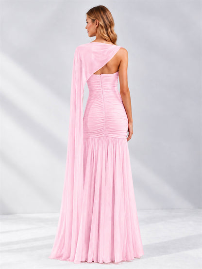 Sheath Ruched Strapless Chiffon Sleeveless Side Slit Wedding Guest Dress with Cape
