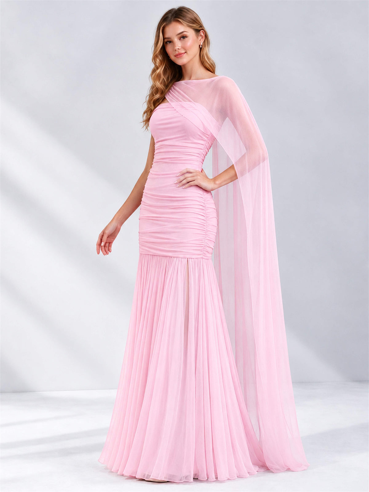 Sheath Ruched Strapless Chiffon Sleeveless Side Slit Wedding Guest Dress with Cape