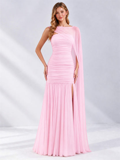 Sheath Ruched Strapless Chiffon Sleeveless Side Slit Wedding Guest Dress with Cape