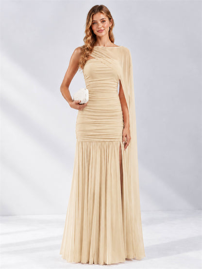 Sheath Ruched Strapless Chiffon Sleeveless Side Slit Wedding Guest Dress with Cape