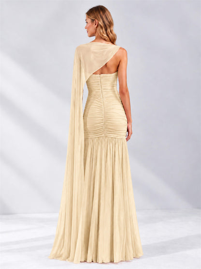Sheath Ruched Strapless Chiffon Sleeveless Side Slit Wedding Guest Dress with Cape