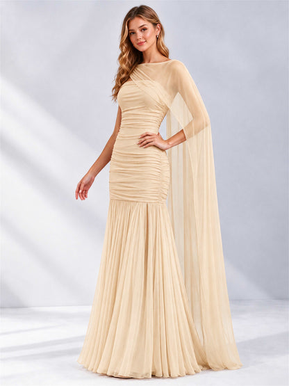 Sheath Ruched Strapless Chiffon Sleeveless Side Slit Wedding Guest Dress with Cape