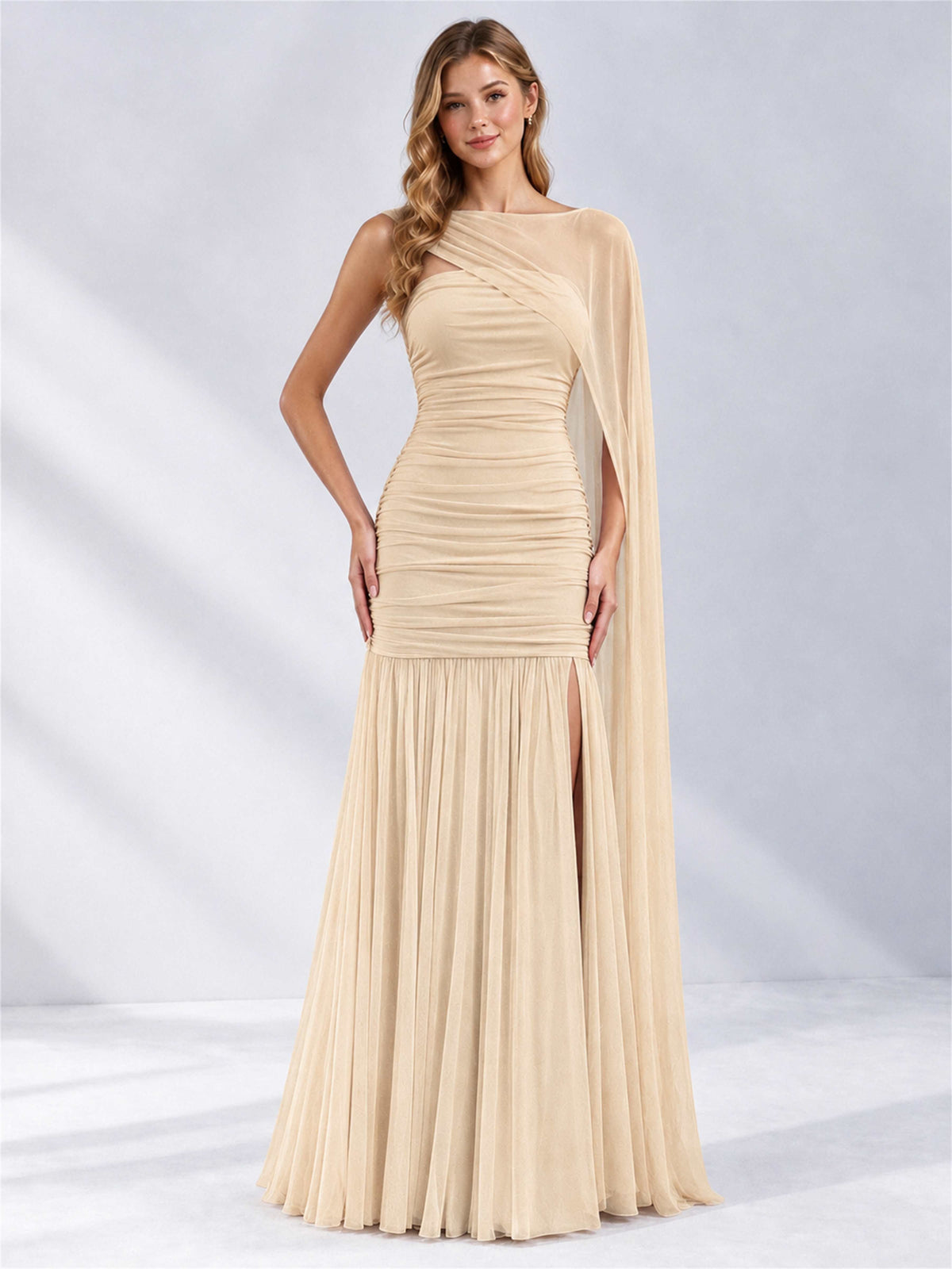 Sheath Ruched Strapless Chiffon Sleeveless Side Slit Wedding Guest Dress with Cape