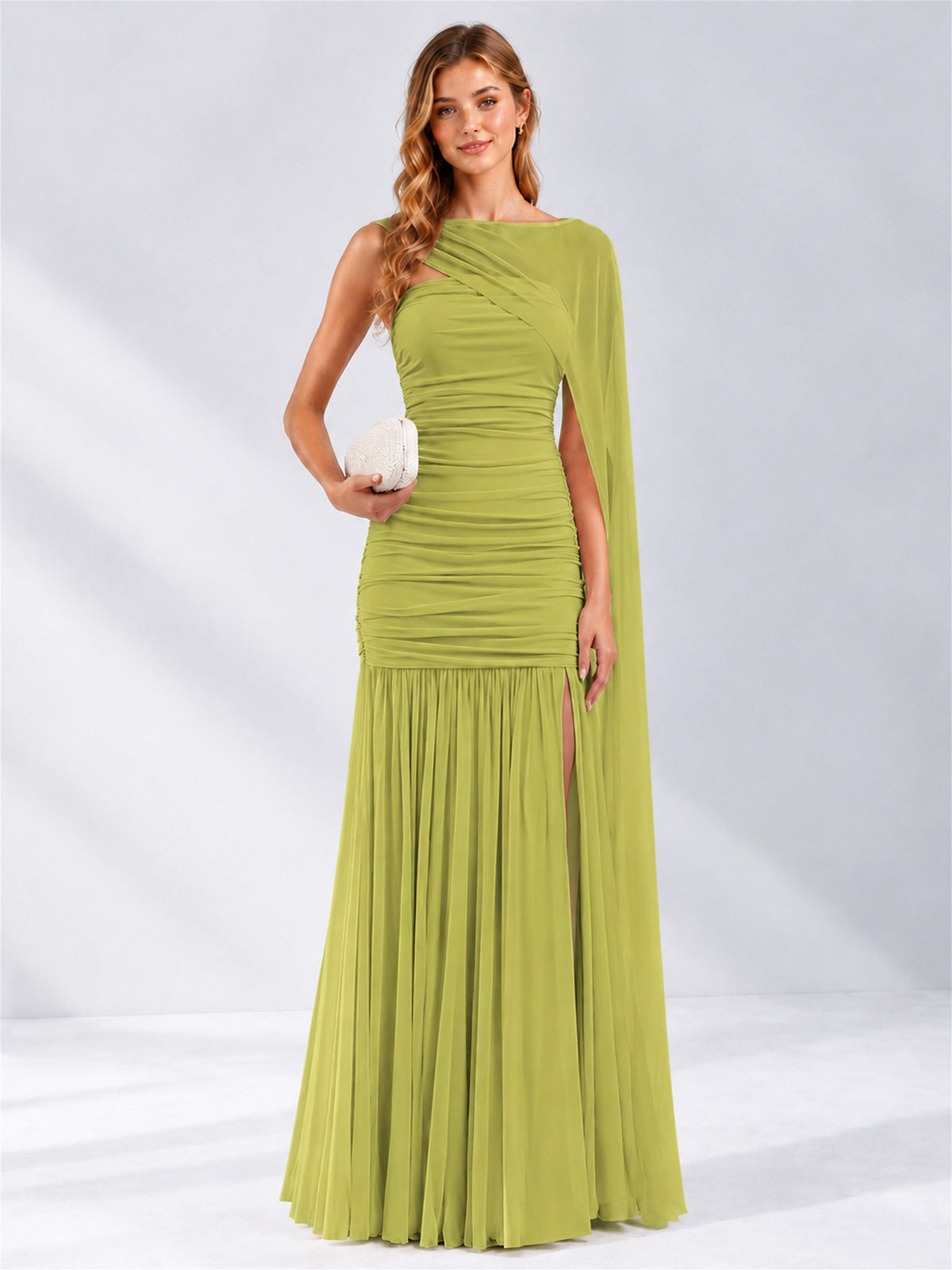 Sheath Ruched Strapless Chiffon Sleeveless Side Slit Wedding Guest Dress with Cape