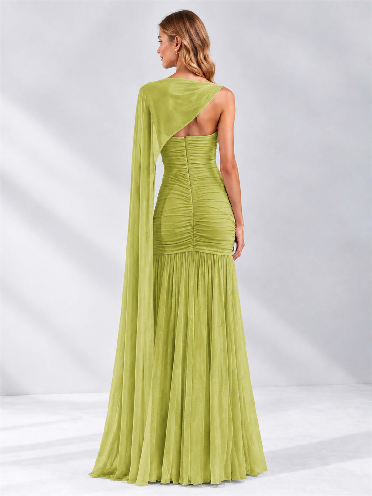 Sheath Ruched Strapless Chiffon Sleeveless Side Slit Wedding Guest Dress with Cape