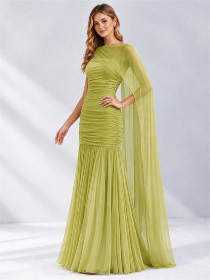 Sheath Ruched Strapless Chiffon Sleeveless Side Slit Wedding Guest Dress with Cape