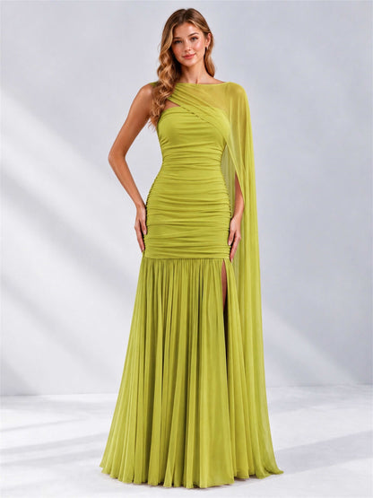 Sheath Ruched Strapless Chiffon Sleeveless Side Slit Wedding Guest Dress with Cape