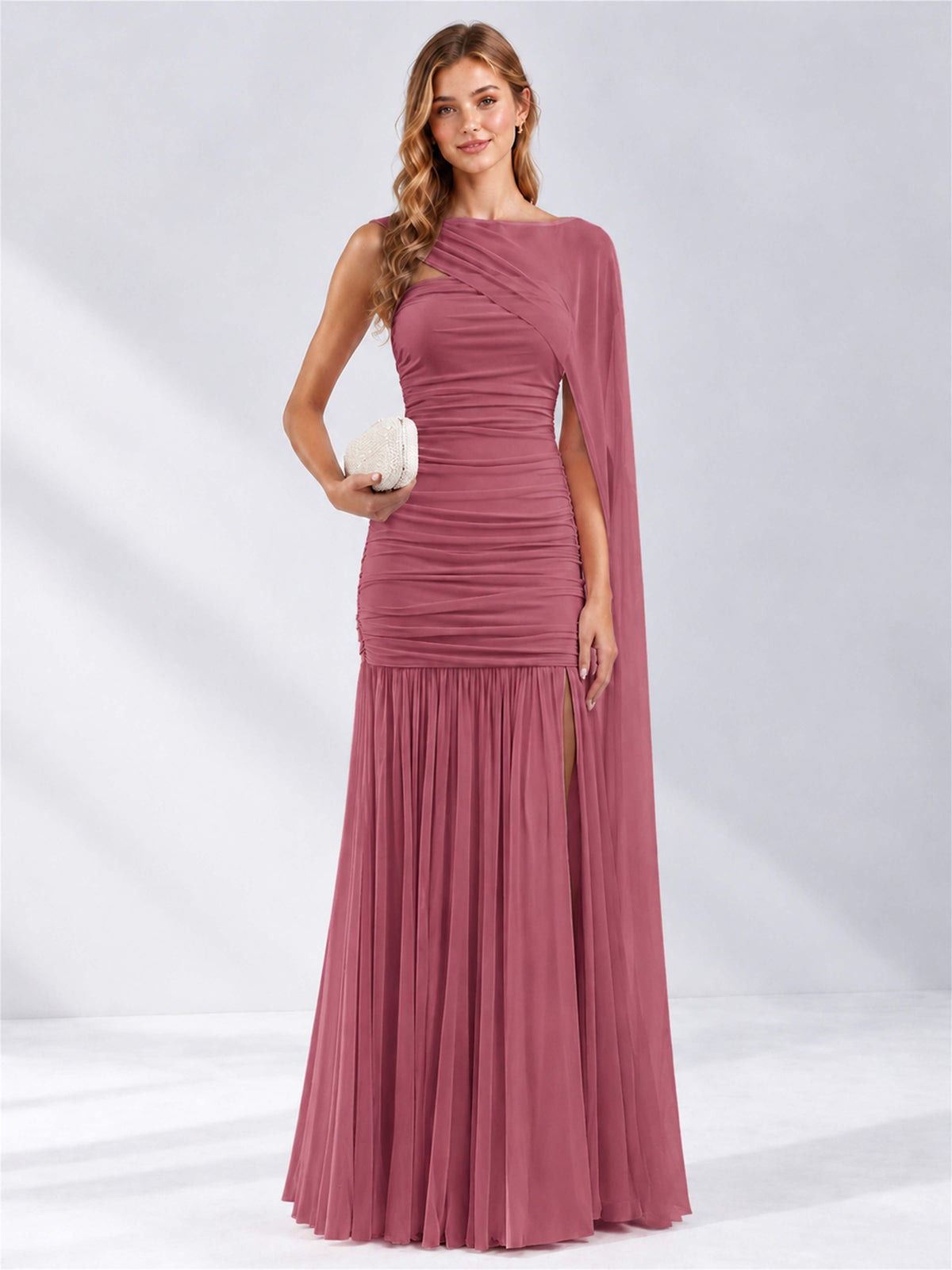 Sheath Ruched Strapless Chiffon Sleeveless Side Slit Wedding Guest Dress with Cape