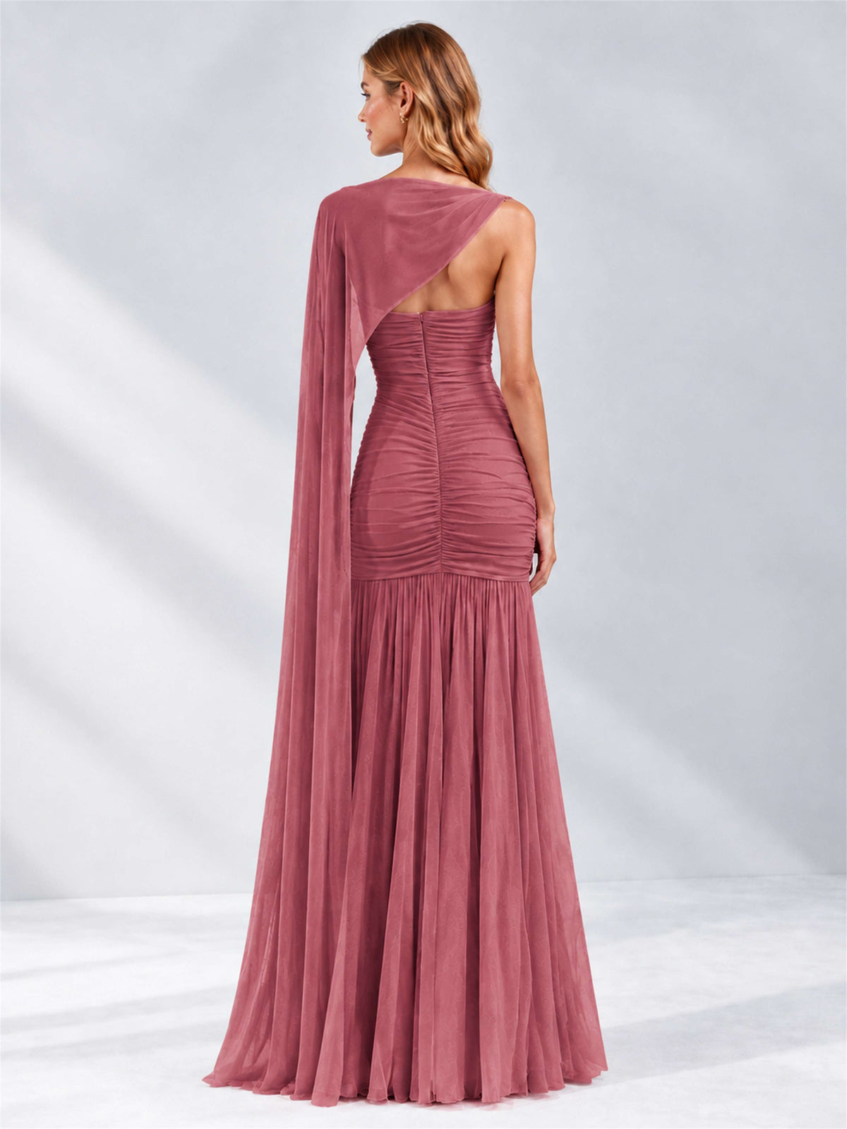 Sheath Ruched Strapless Chiffon Sleeveless Side Slit Wedding Guest Dress with Cape