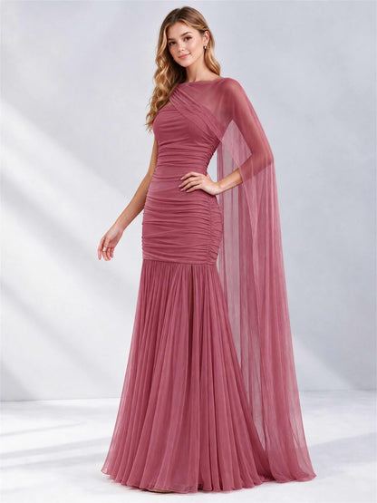 Sheath Ruched Strapless Chiffon Sleeveless Side Slit Wedding Guest Dress with Cape
