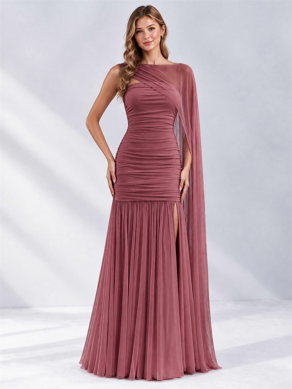 Sheath Ruched Strapless Chiffon Sleeveless Side Slit Wedding Guest Dress with Cape