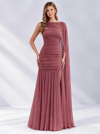 Sheath Ruched Strapless Chiffon Sleeveless Side Slit Wedding Guest Dress with Cape