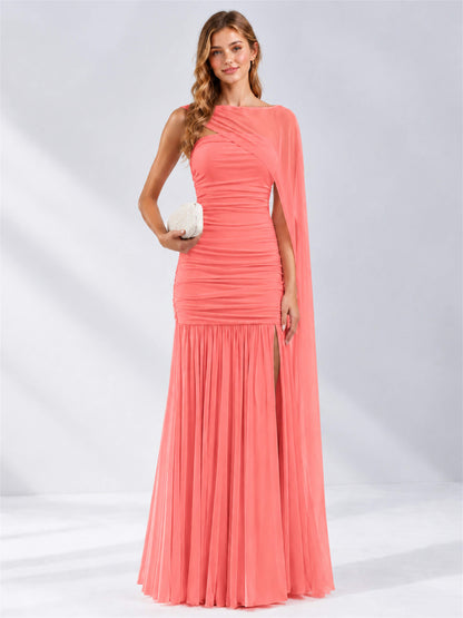Sheath Ruched Strapless Chiffon Sleeveless Side Slit Wedding Guest Dress with Cape