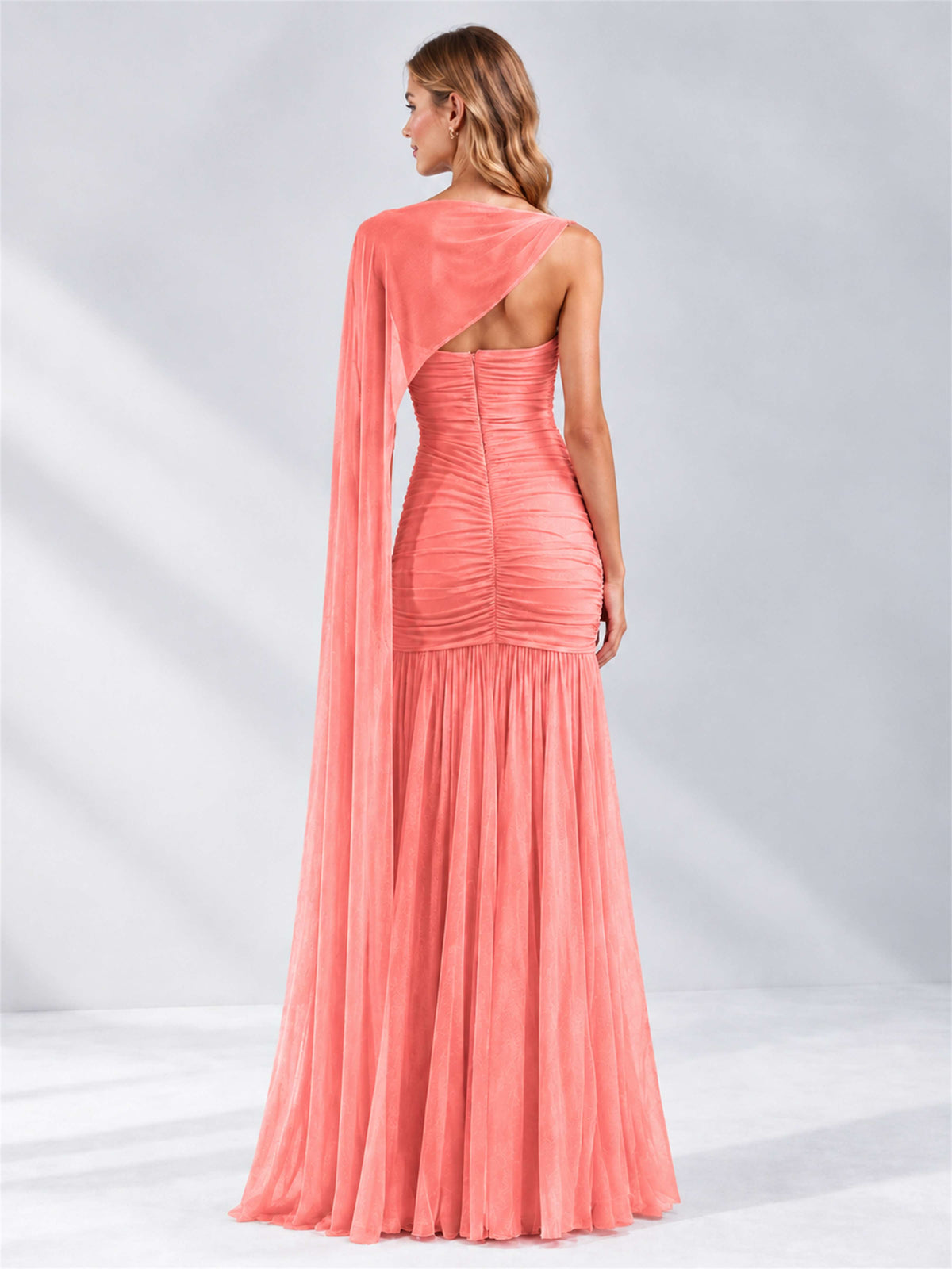 Sheath Ruched Strapless Chiffon Sleeveless Side Slit Wedding Guest Dress with Cape