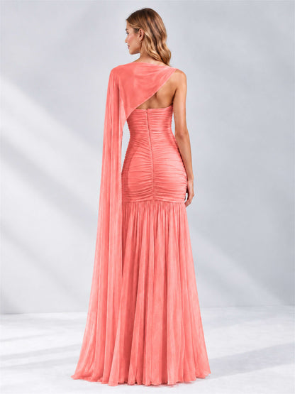 Sheath Ruched Strapless Chiffon Sleeveless Side Slit Wedding Guest Dress with Cape