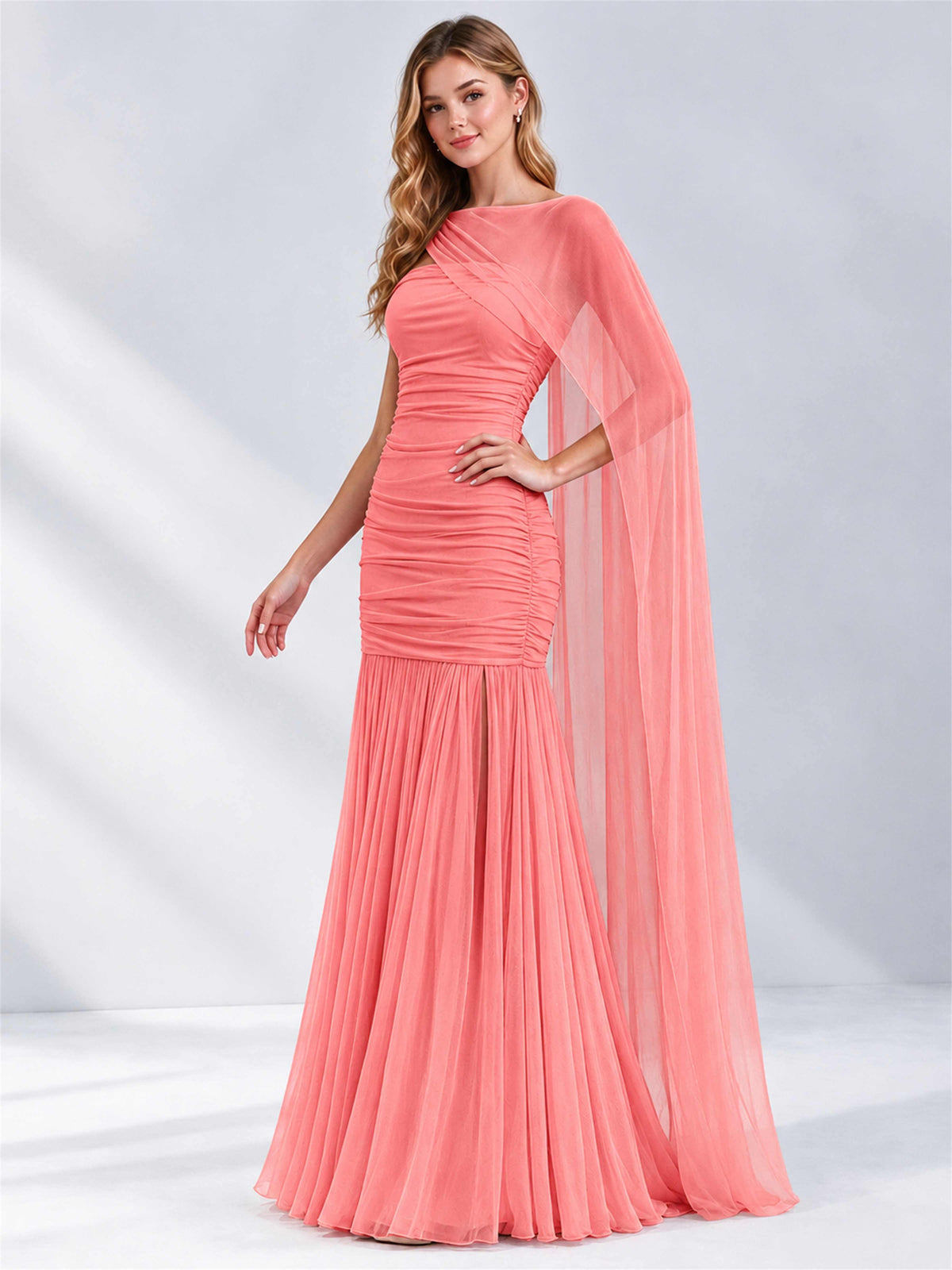 Sheath Ruched Strapless Chiffon Sleeveless Side Slit Wedding Guest Dress with Cape