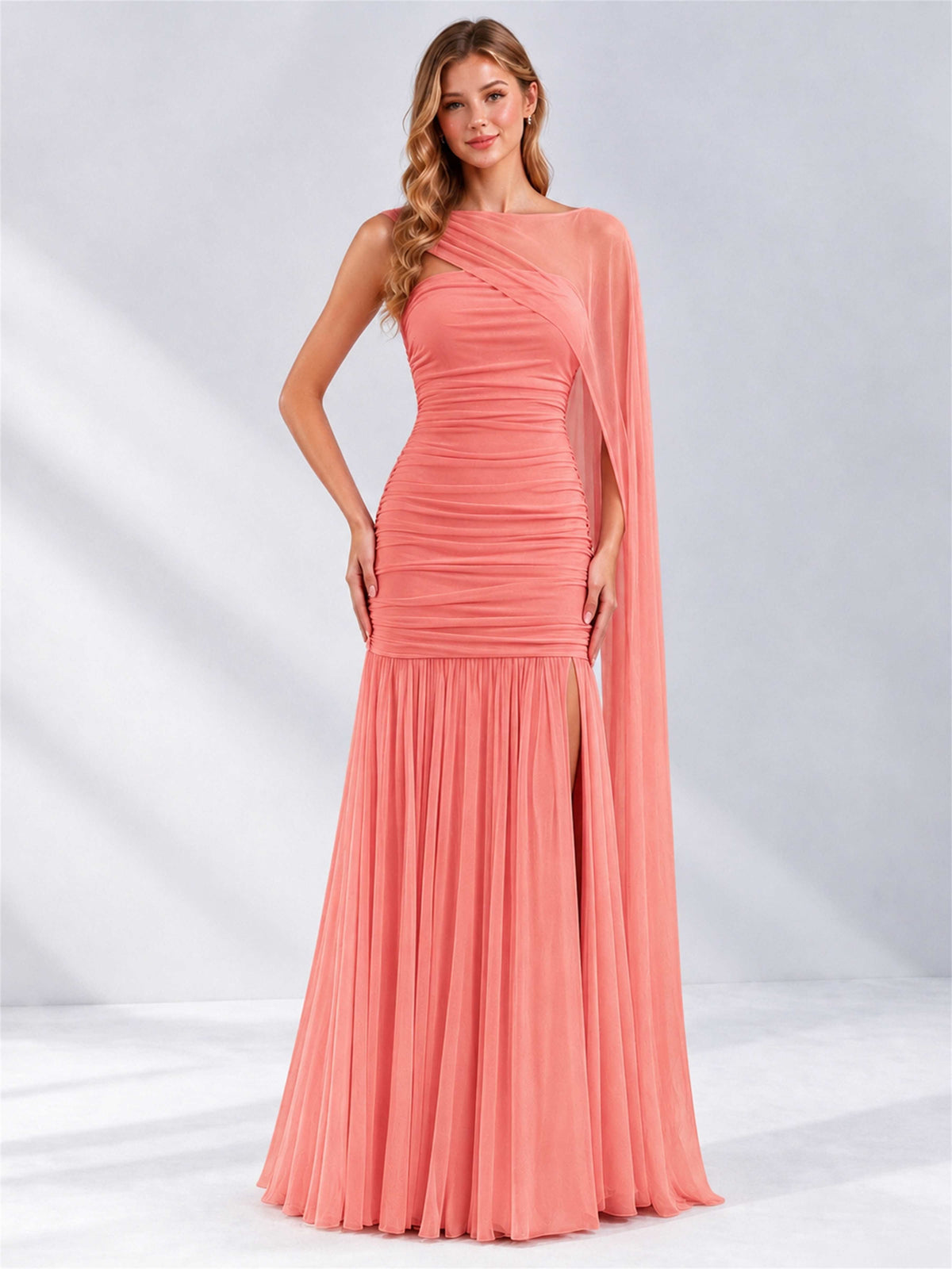 Sheath Ruched Strapless Chiffon Sleeveless Side Slit Wedding Guest Dress with Cape