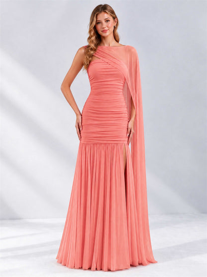 Sheath Ruched Strapless Chiffon Sleeveless Side Slit Wedding Guest Dress with Cape