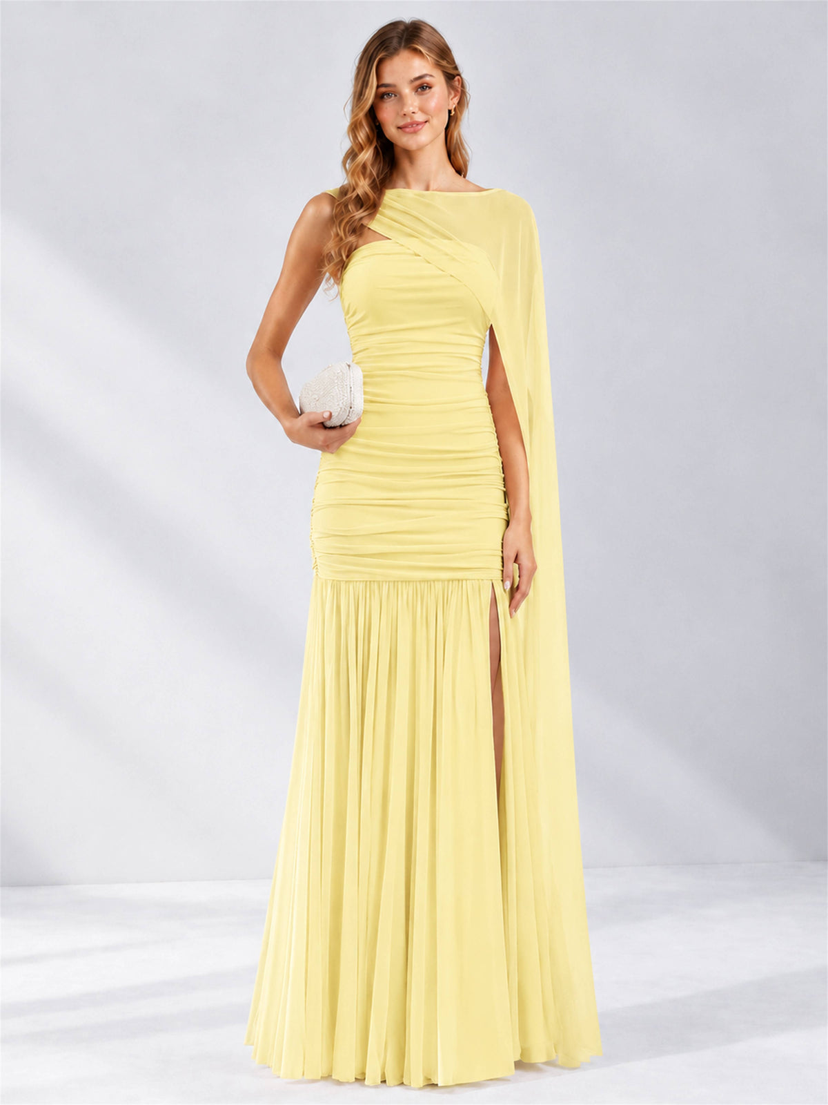Sheath Ruched Strapless Chiffon Sleeveless Side Slit Wedding Guest Dress with Cape