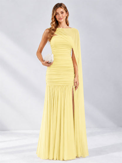 Sheath Ruched Strapless Chiffon Sleeveless Side Slit Wedding Guest Dress with Cape